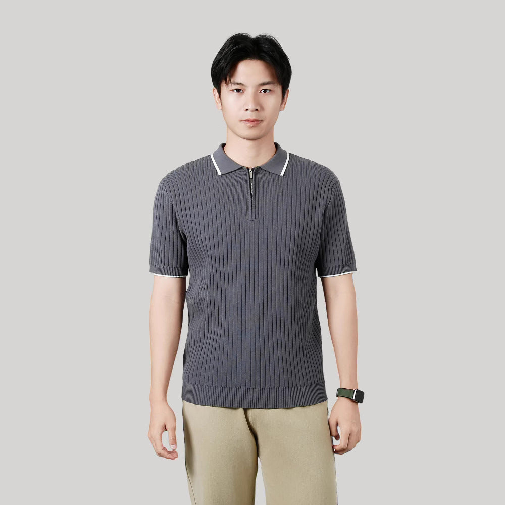 Men's Half-zip Ice Silk Knitted Lapel Vertical Striped Top
