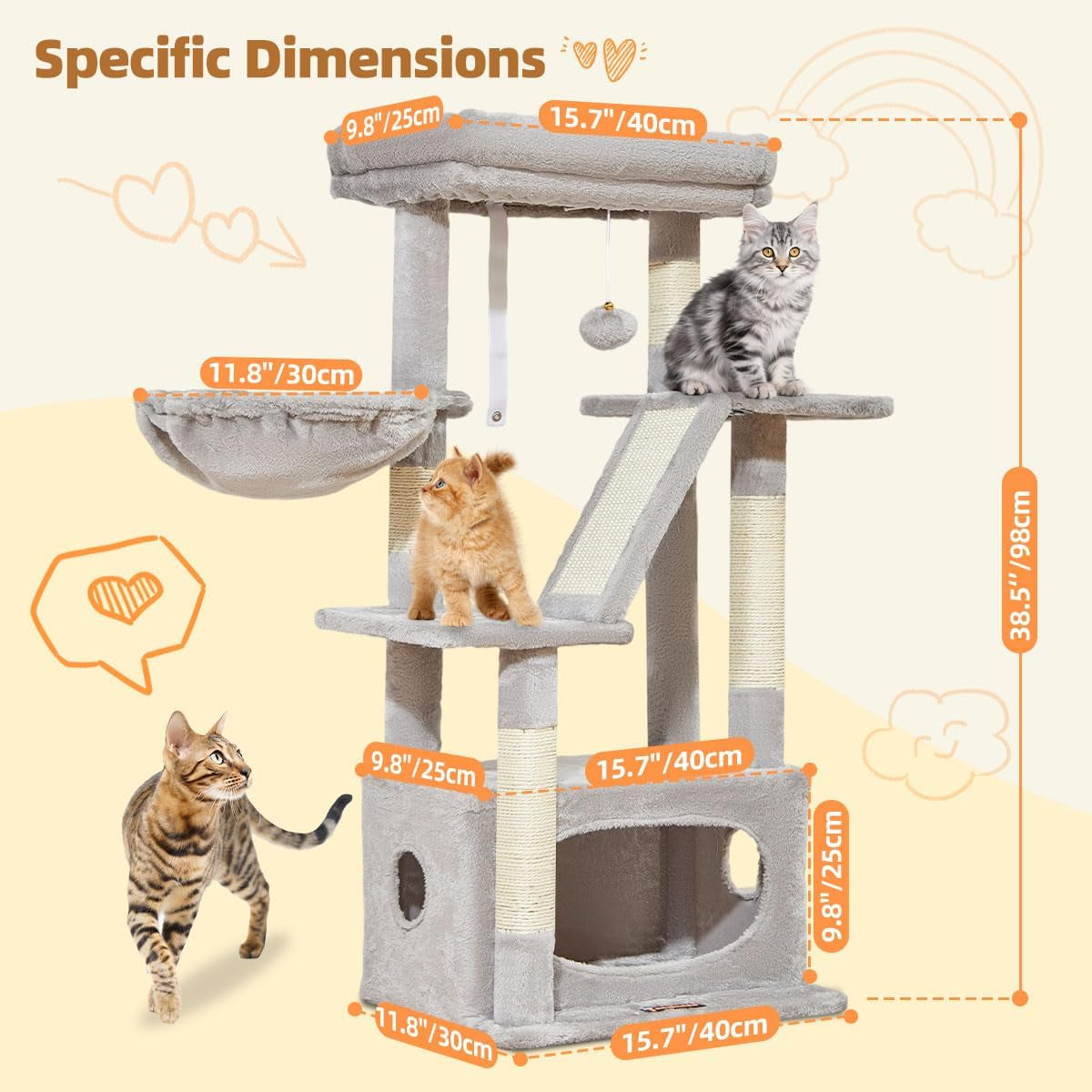 38-Inch Cat Tree for Indoor Cats with Condo, Hammock & Perch