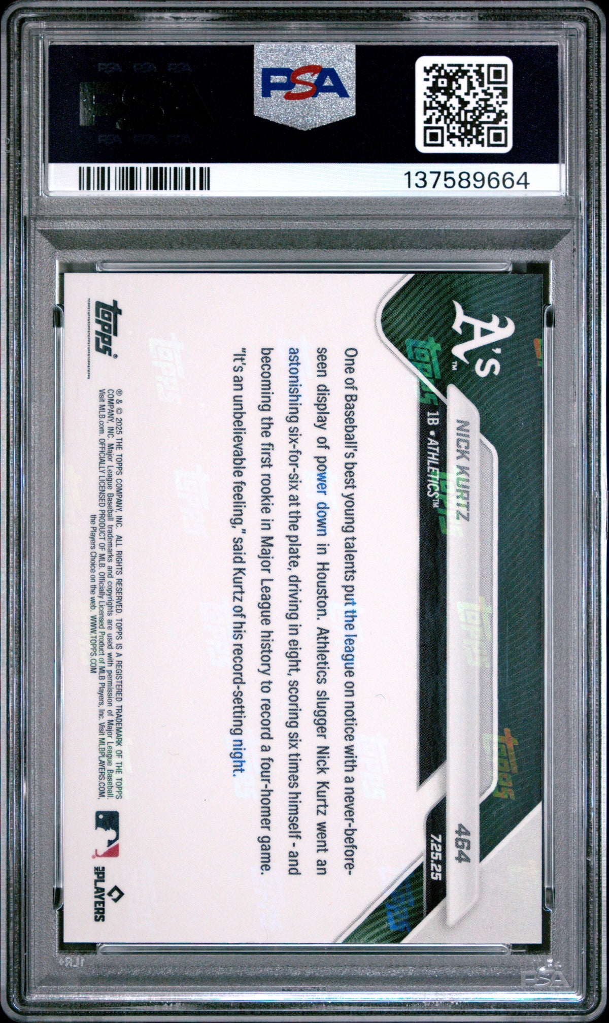 Graded 2025 Topps Now Nick Kurtz #464 Rookie RC Baseball Card PSA 9 Mint