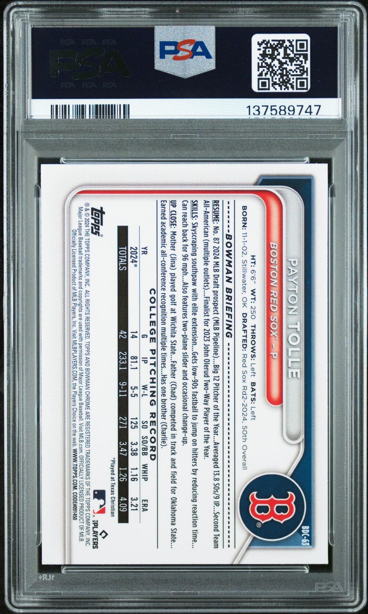 Graded 2024 Topps Bowman Draft Payton Tolle #BDC-63 Chrome Rookie RC Baseball Card PSA 8 Near Mint