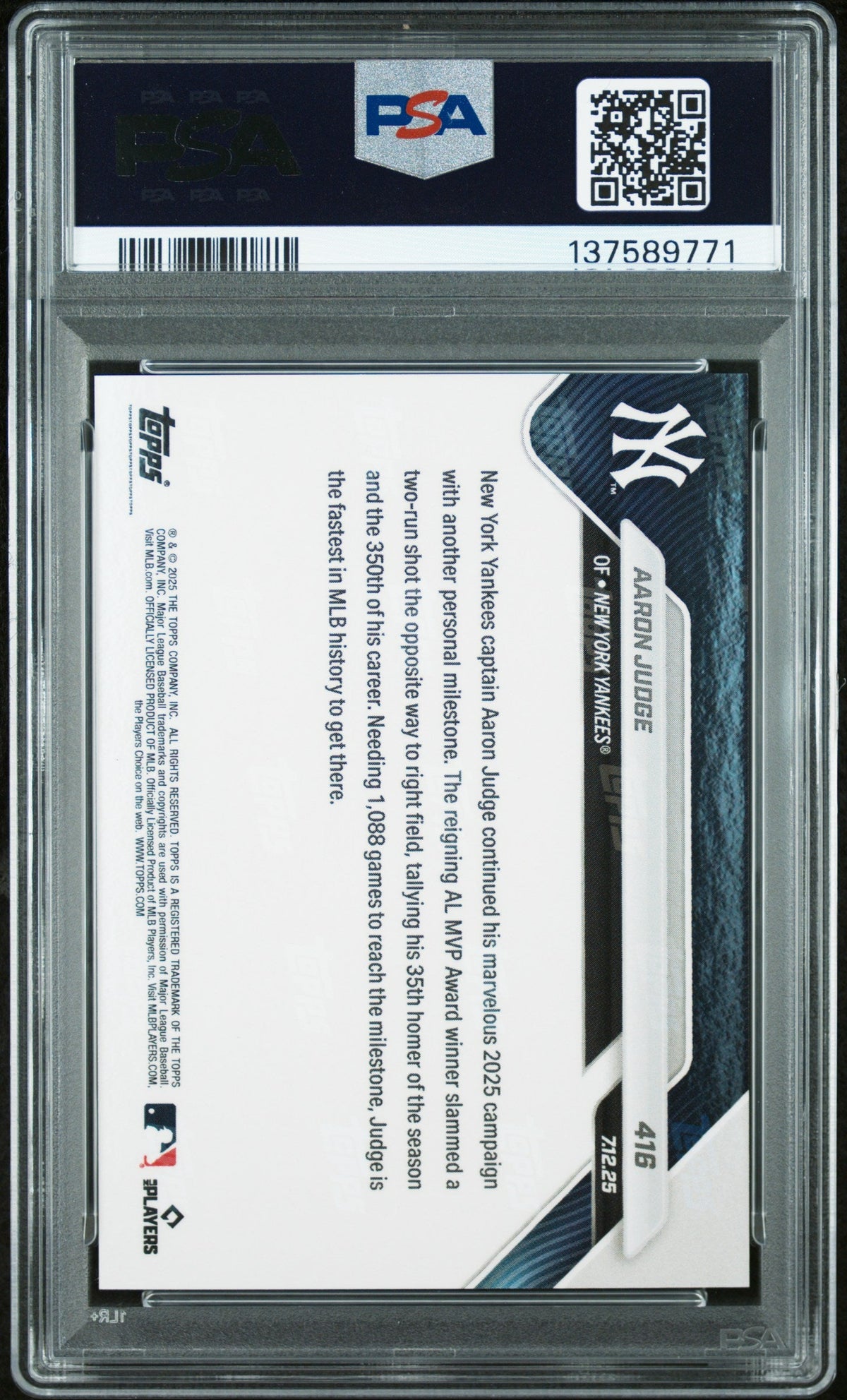 Graded 2025 Topps Now Aaron Judge #416 Baseball Card PSA 10 Gem Mint