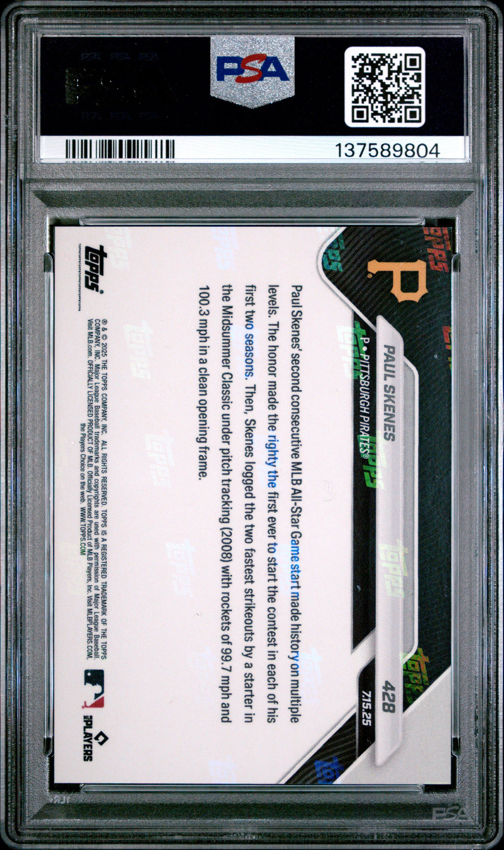 Graded 2025 Topps Now Paul Skenes #428 Baseball Card PSA 10 Gem Mint