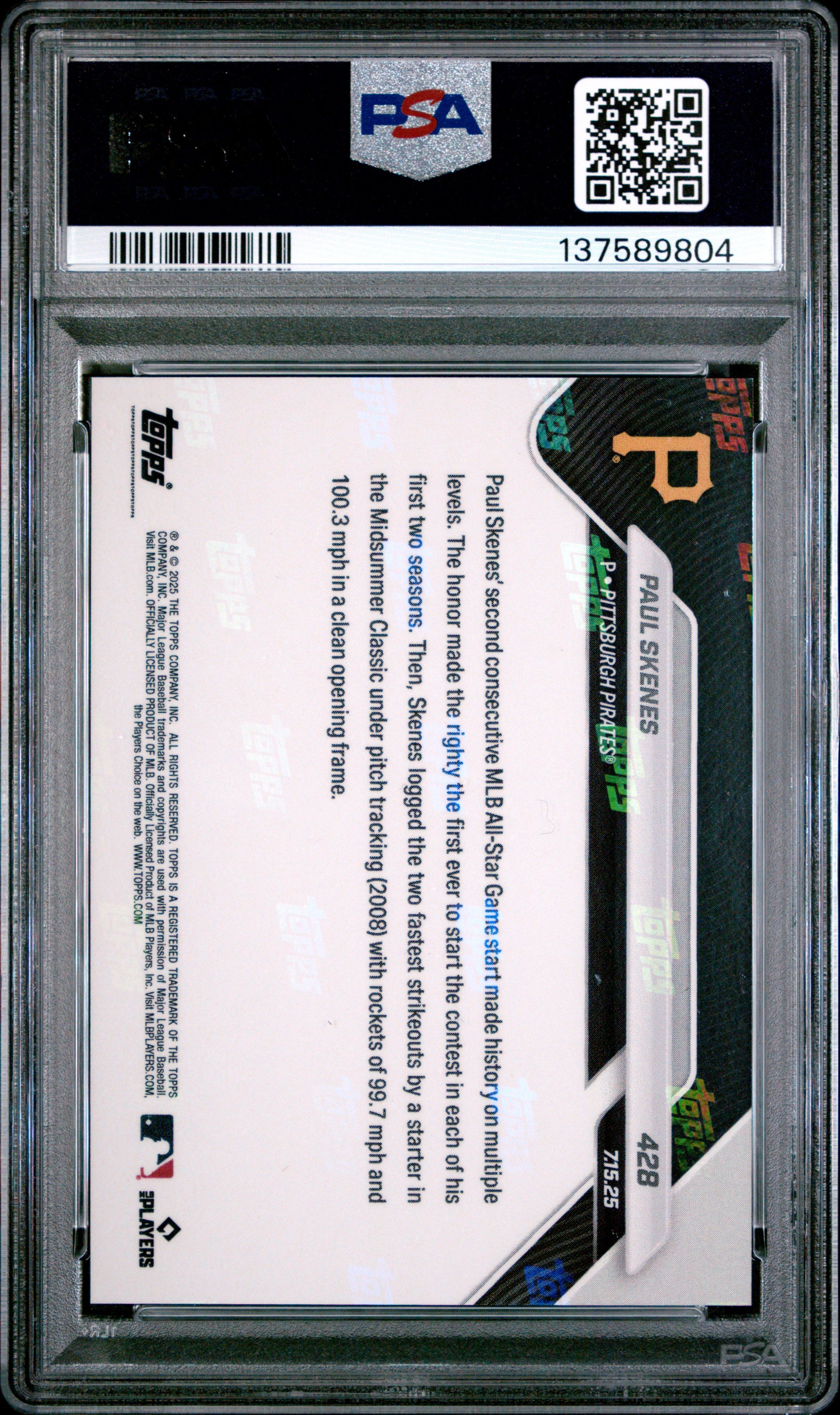 Graded 2025 Topps Now Paul Skenes #428 Baseball Card PSA 10 Gem Mint