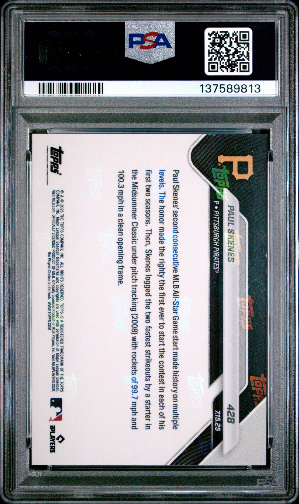Graded 2025 Topps Now Paul Skenes #428 Baseball Card PSA 9 Mint