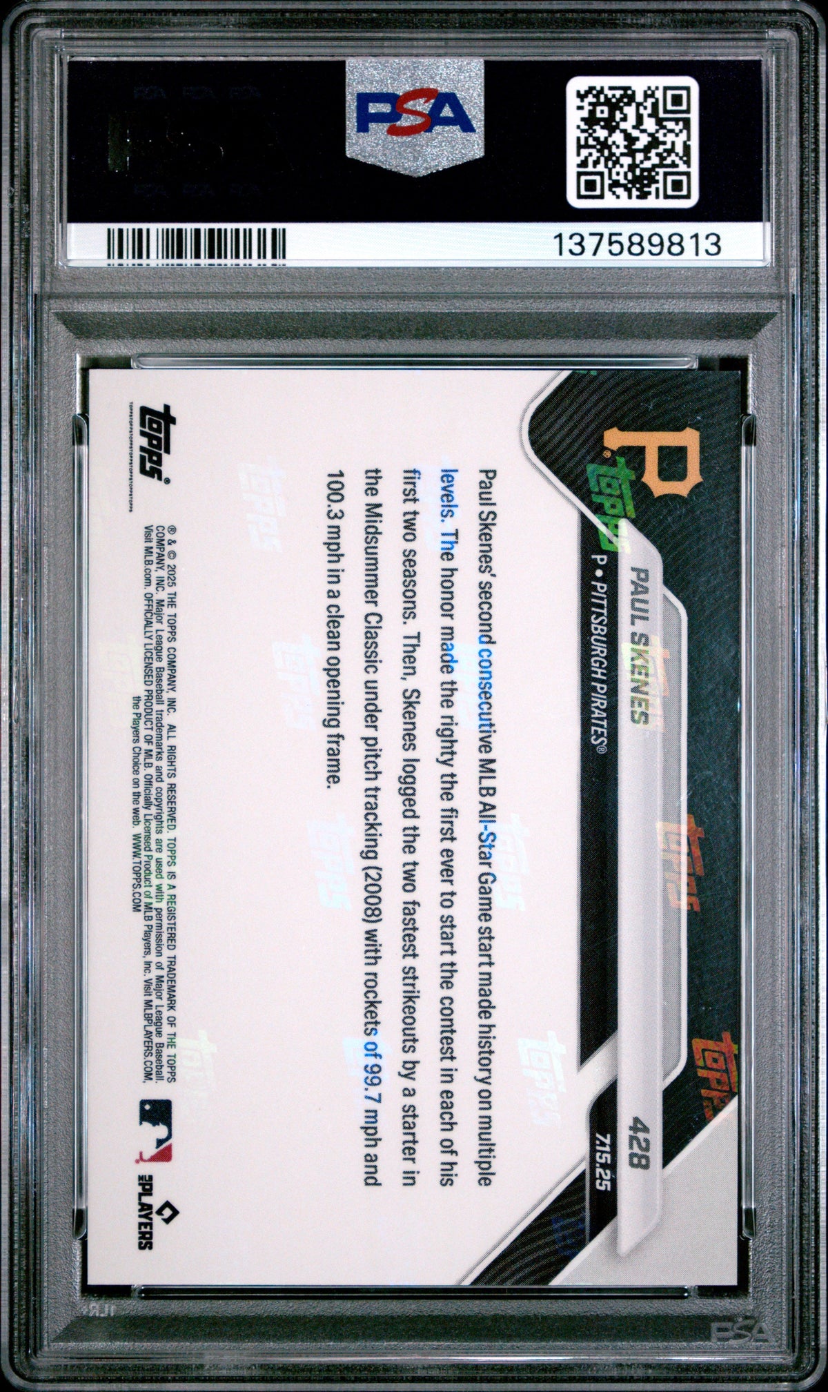 Graded 2025 Topps Now Paul Skenes #428 Baseball Card PSA 9 Mint