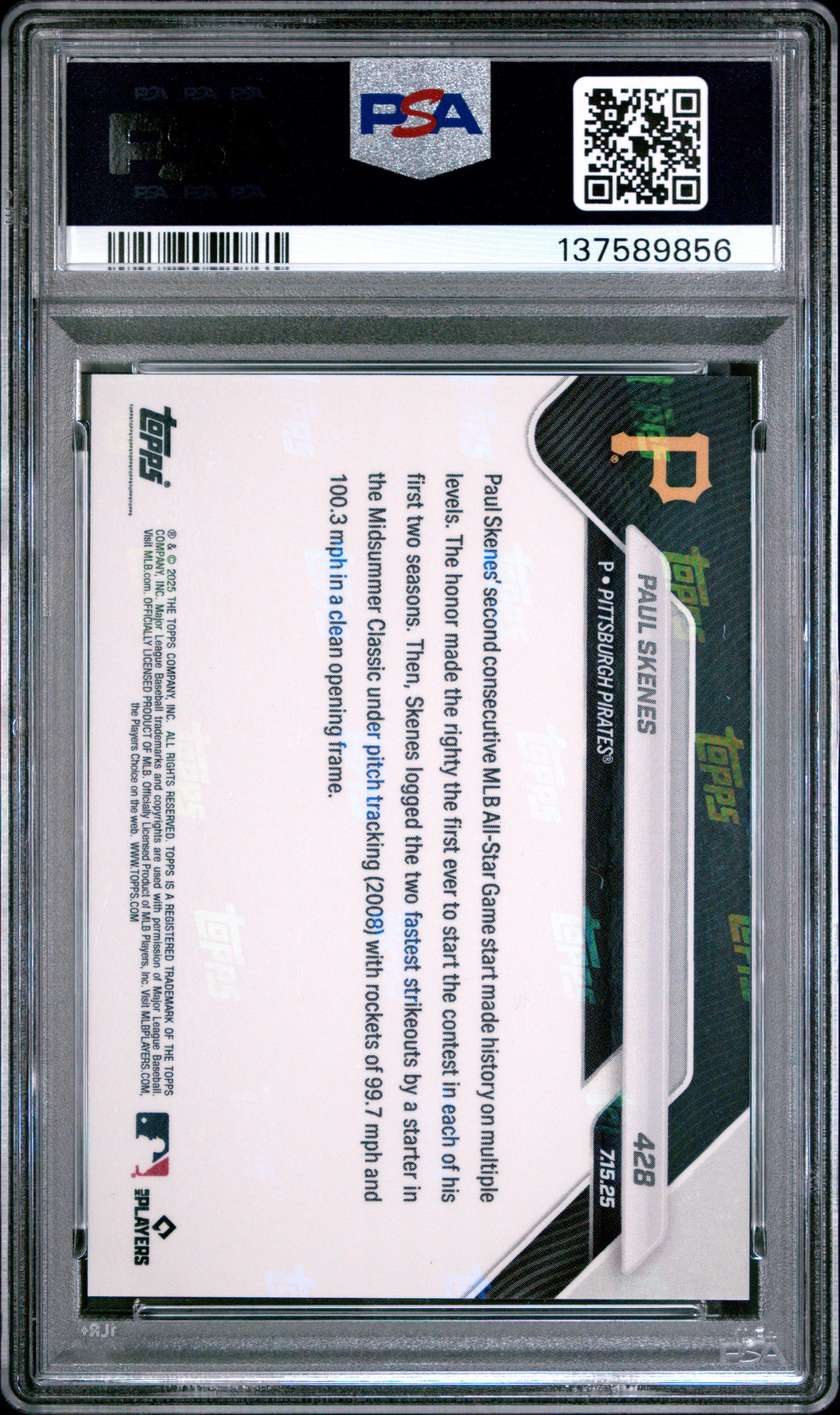 Graded 2025 Topps Now Paul Skenes #428 Baseball Card PSA 8 Near Mint