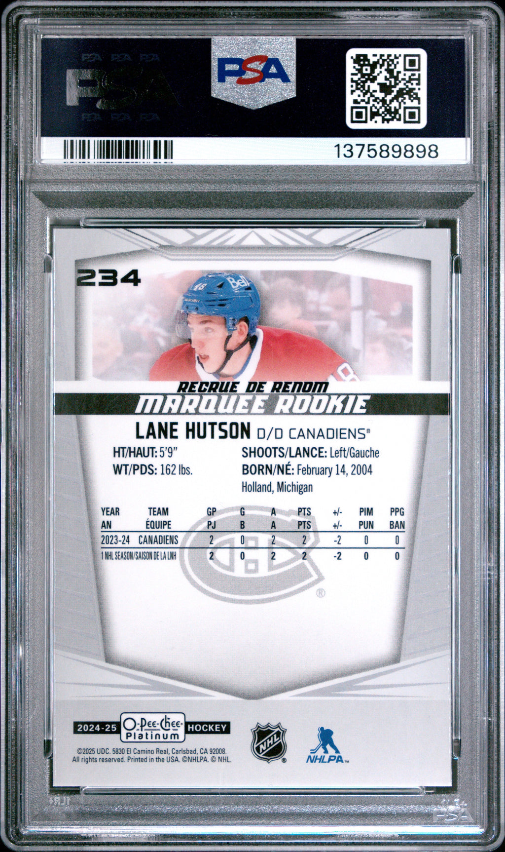 Graded 2024 O-Pee-Chee Platinum Lane Hutson #234 Rookie RC Hockey Card PSA 10 Gem Mint