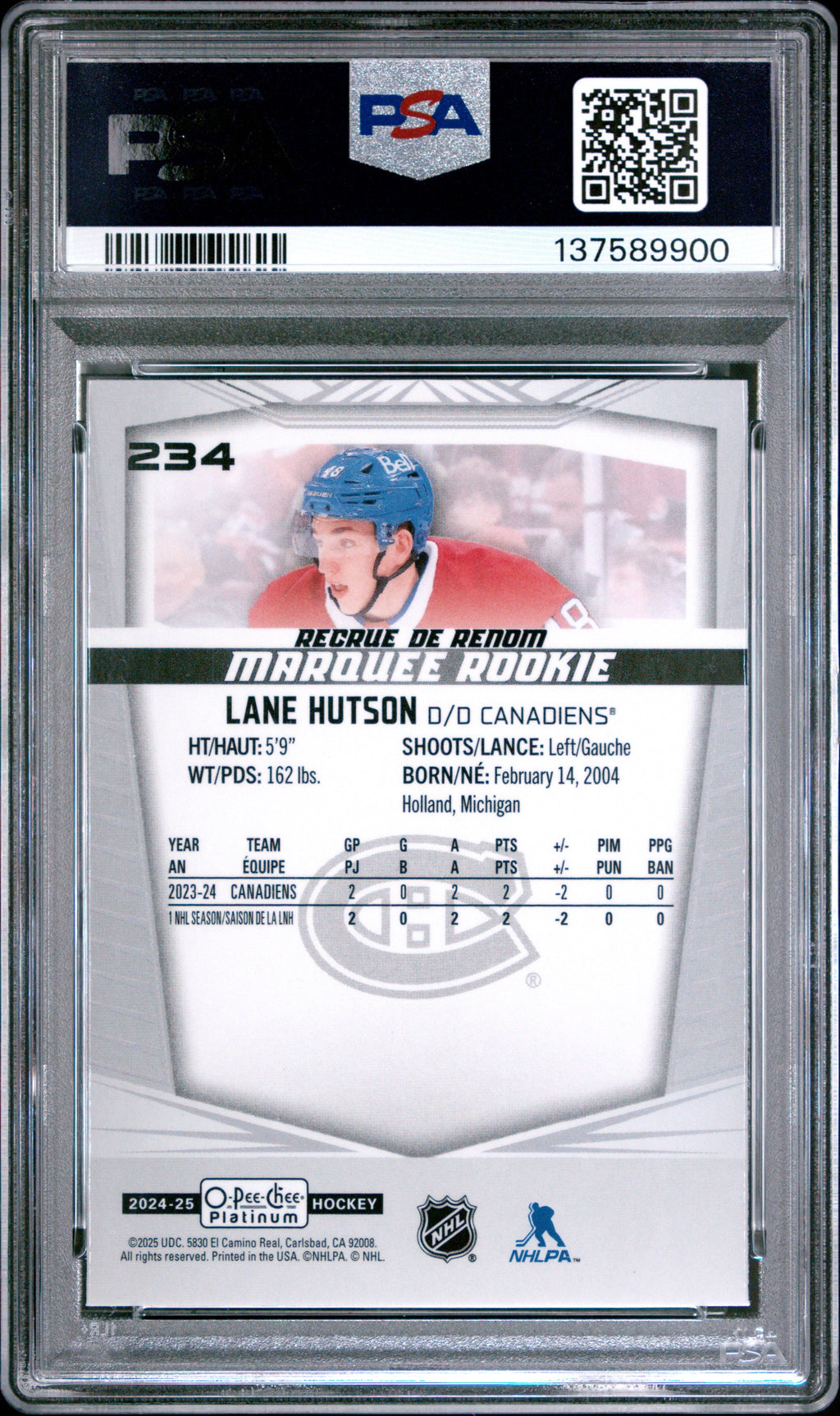 Graded 2024 O-Pee-Chee Platinum Lane Hutson #234 Rookie RC Hockey Card PSA 9 Mint