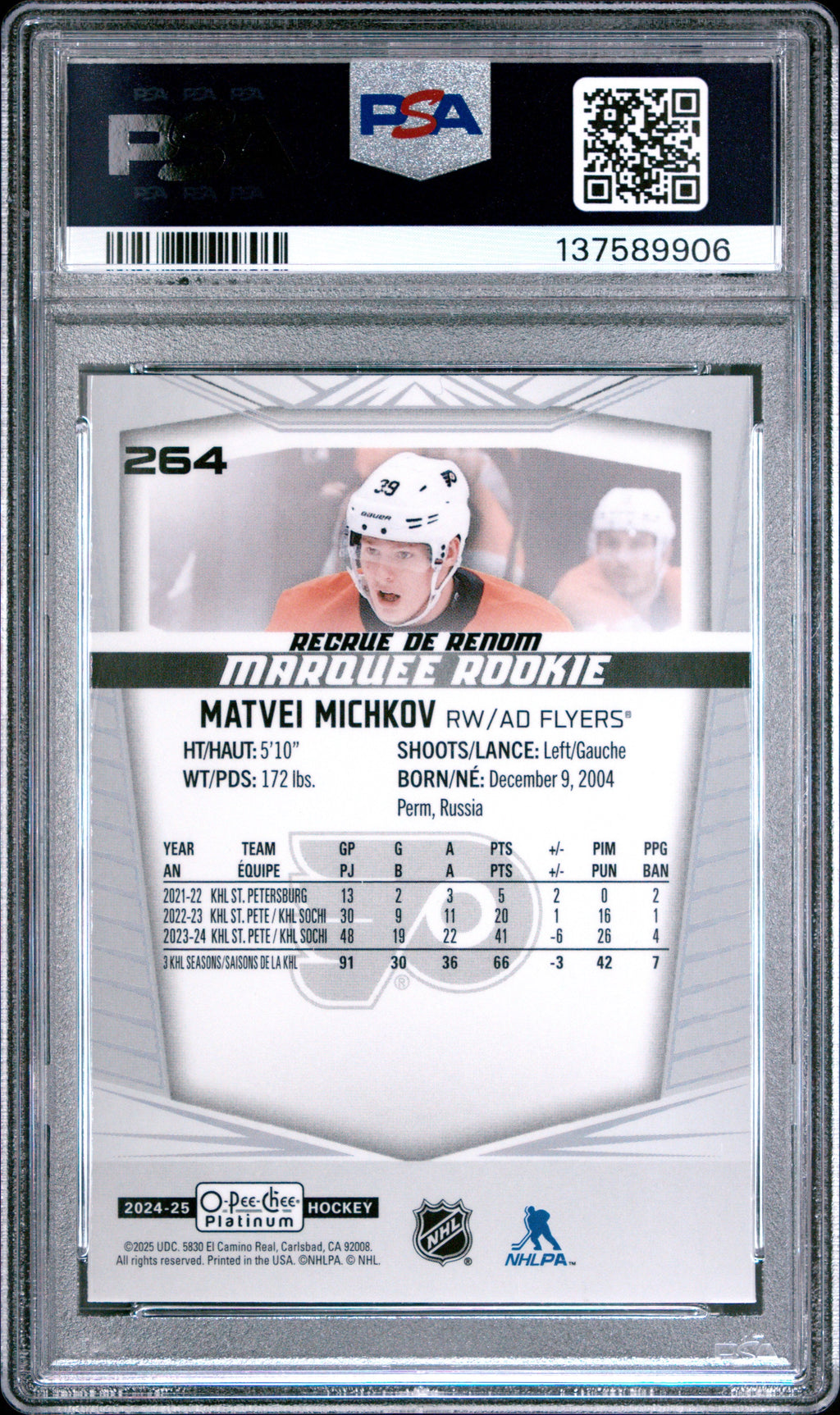 Graded 2024 O-Pee-Chee Platinum Matvei Michkov #264 Rookie RC Hockey Card PSA 9 Mint