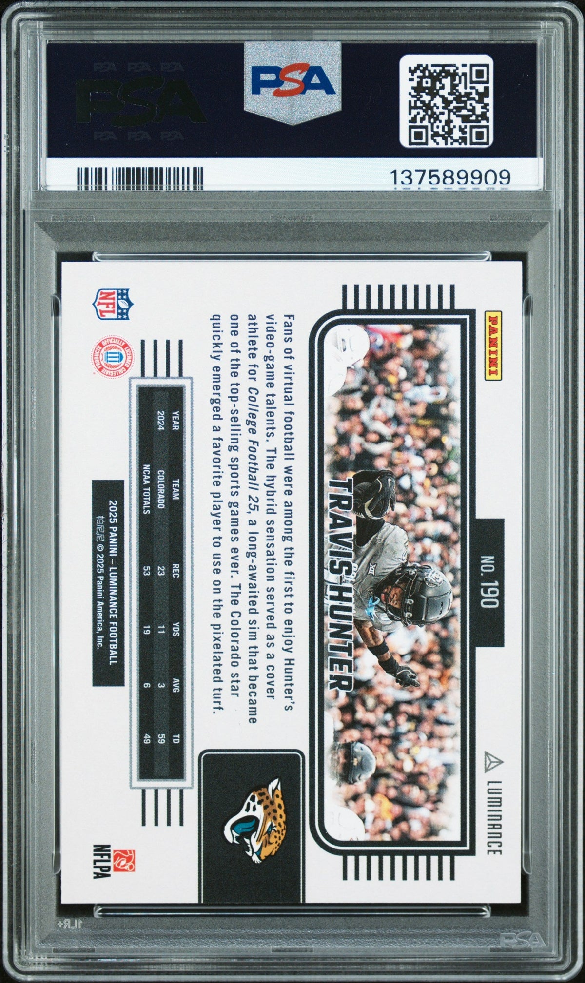 Graded 2025 Panini Luminance Travis Hunter #190 Rookie RC Football Card PSA 10 Gem Mint