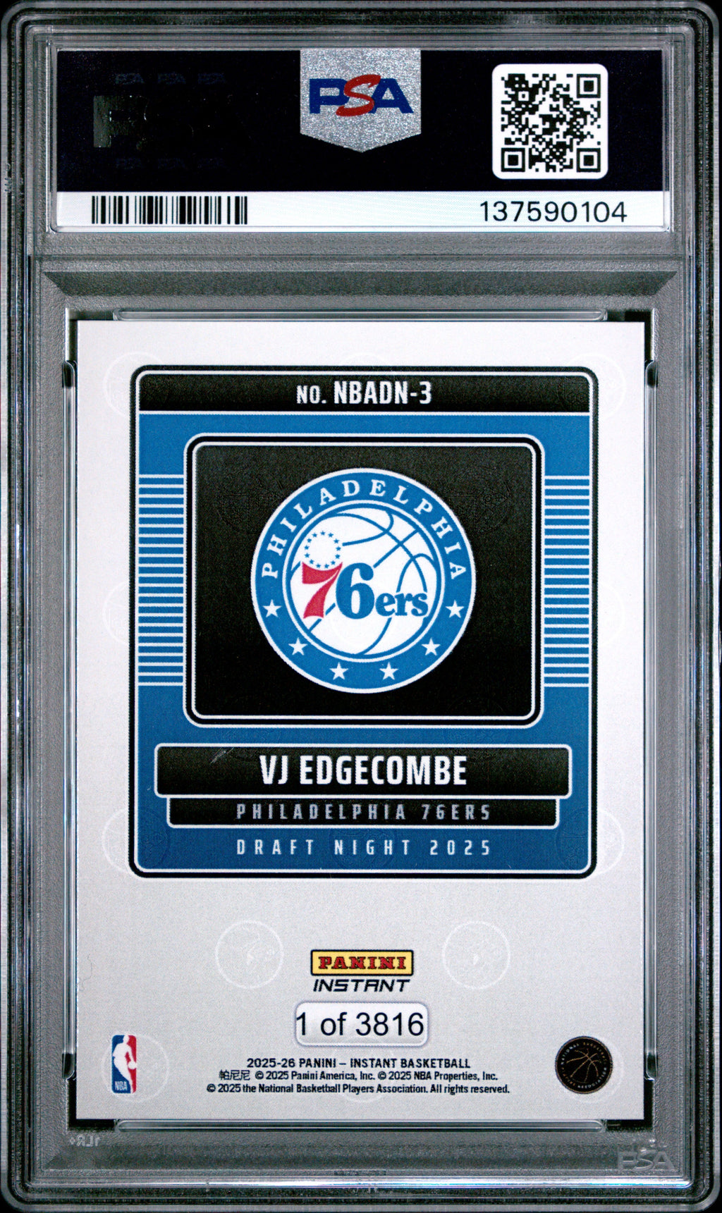 Graded 2025 Panini Instant VJ Edgecombe #3 Draft Night Rookie RC Basketball Card PSA 10 Gem Mint
