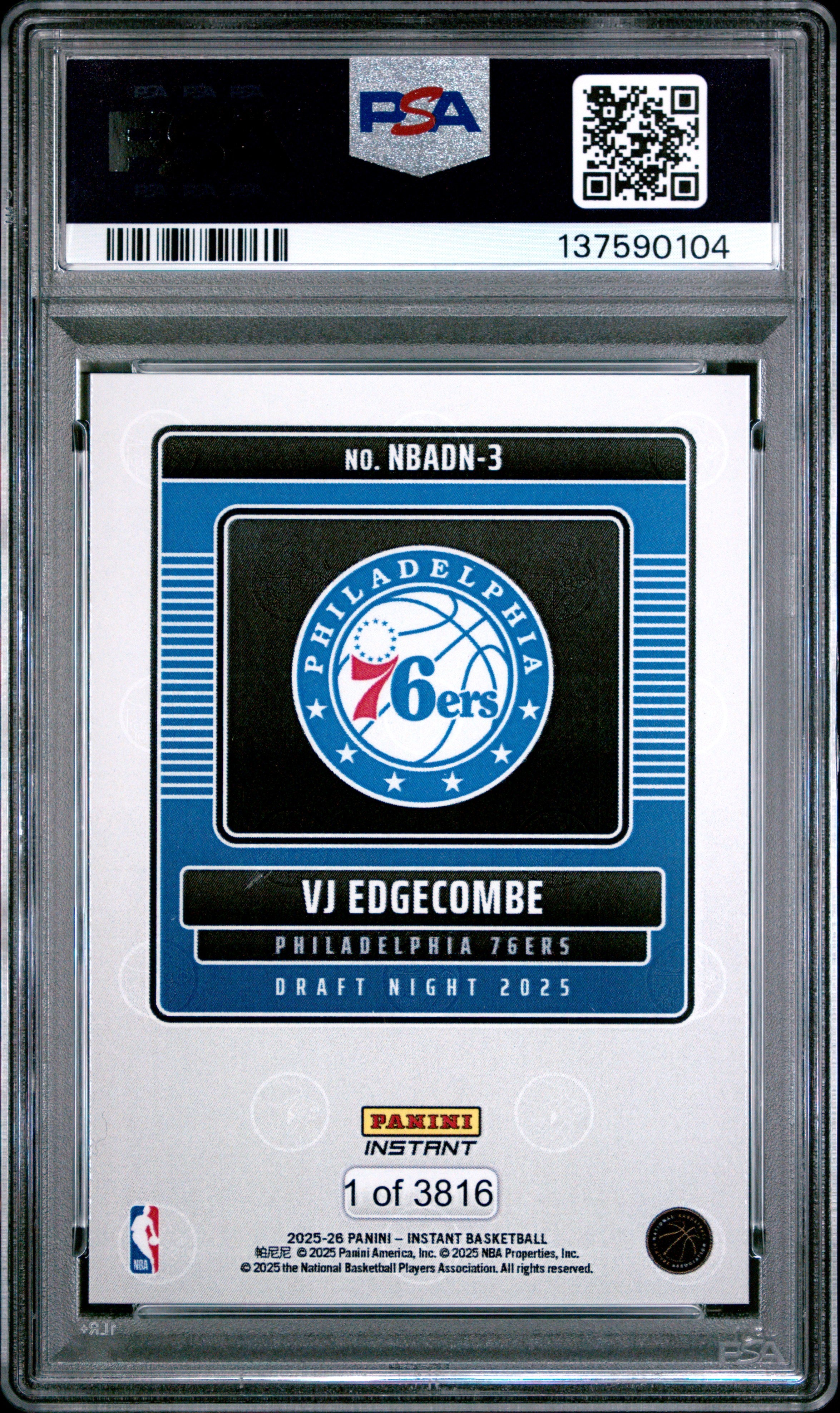 Graded 2025 Panini Instant VJ Edgecombe #3 Draft Night Rookie RC Basketball Card PSA 10 Gem Mint