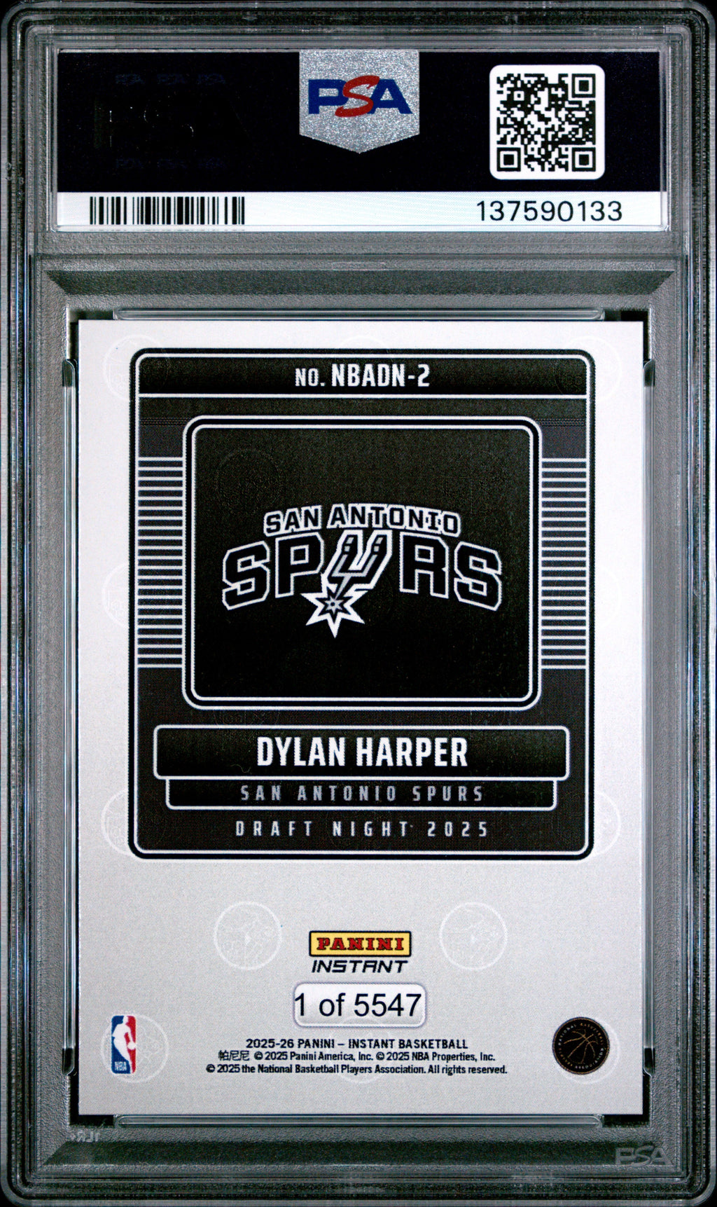 Graded 2025 Panini Instant Dylan Harper #2 Draft Night Rookie RC Basketball Card PSA 9 Mint