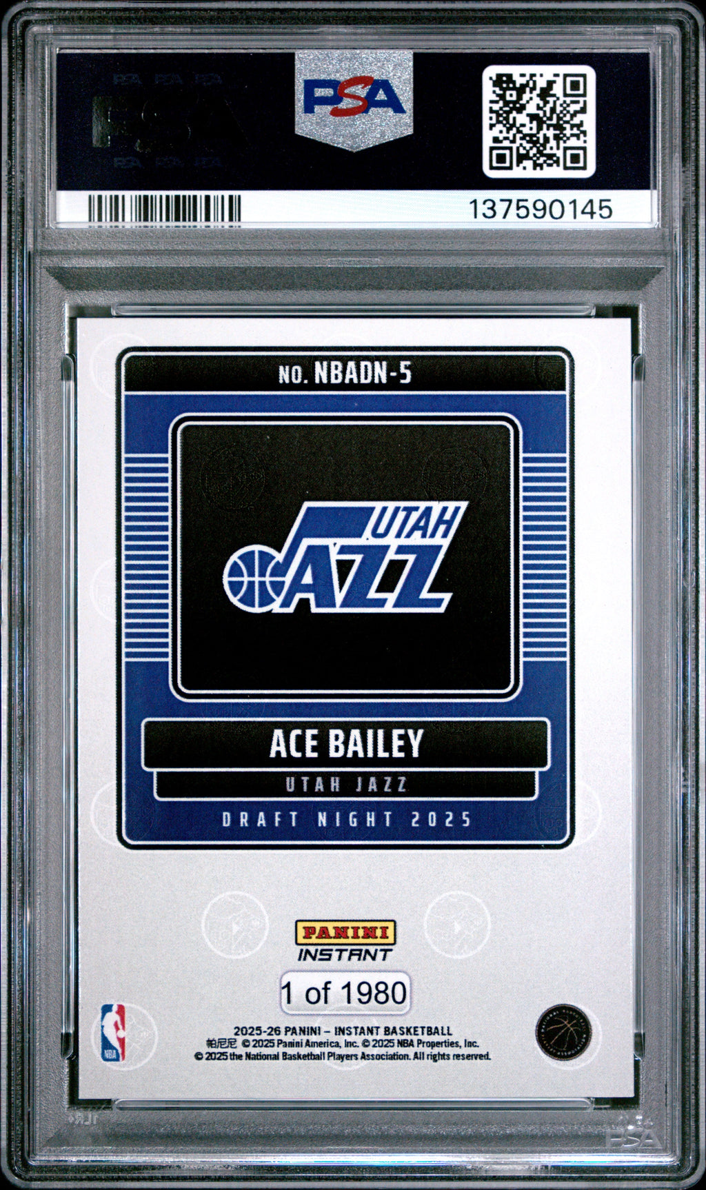 Graded 2025 Panini Instant Ace Bailey #5 Draft Night Rookie RC Basketball Card PSA 7 Near Mint