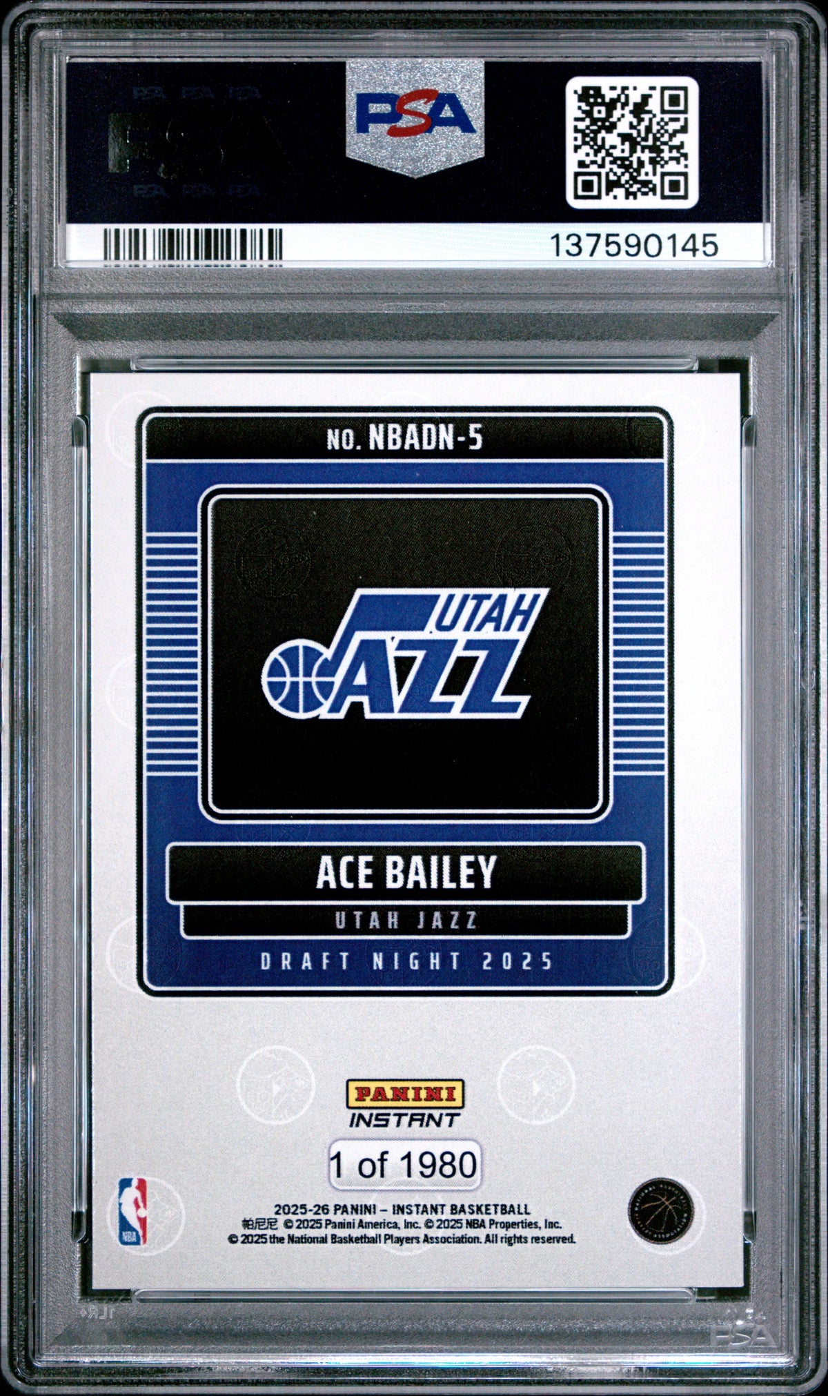 Graded 2025 Panini Instant Ace Bailey #5 Draft Night Rookie RC Basketball Card PSA 7 Near Mint