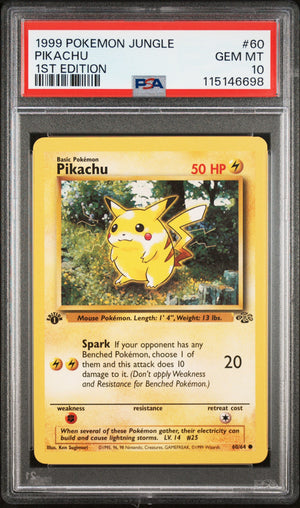 Graded 1999 PKM Jungle #60 Pikachu 1st Edition Trading Card Game PSA 10 Gem Mint