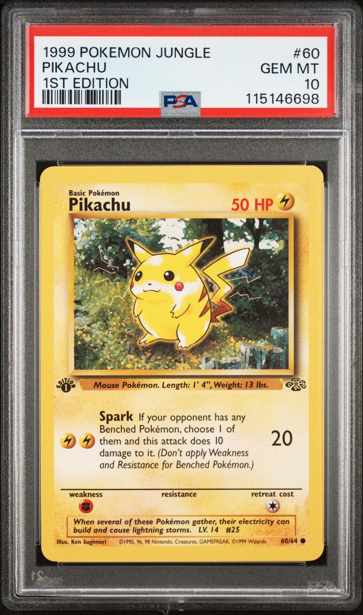 Graded 1999 PKM Jungle #60 Pikachu 1st Edition Trading Card Game PSA 10 Gem Mint