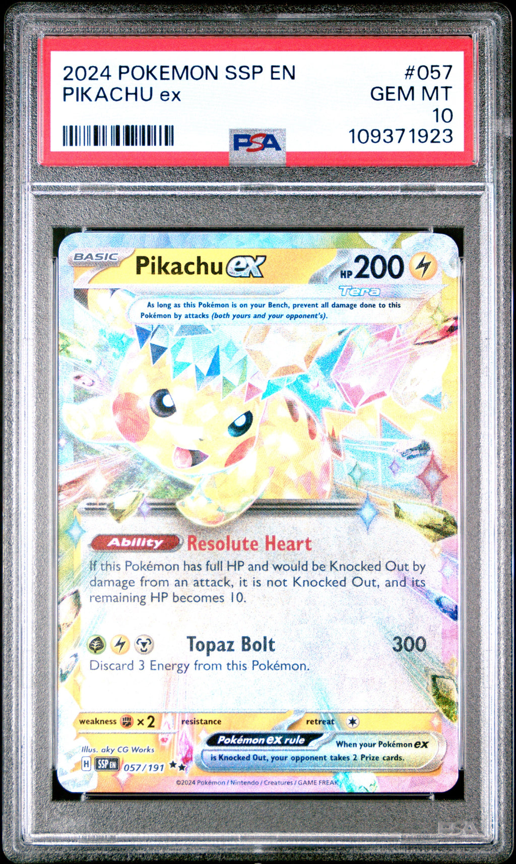 Graded 2024 PKM Ssp En-Surging Sparks #057 Pikachu Ex Trading Card Game PSA 10 Gem Mint