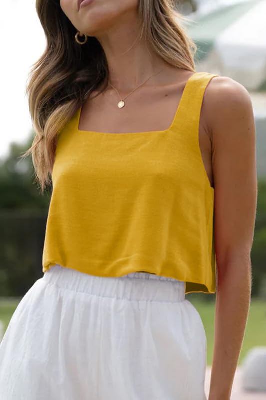 Allimy Women's Square Neck Sleeveless Crop Tank Top Yellow Size M