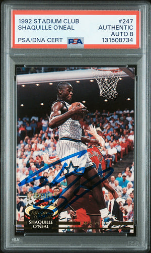 Graded 1992-93 Stadium Club Shaquille O'Neal #247 Rookie RC Basketball Card PSA 8 Auto Grade Near Mint