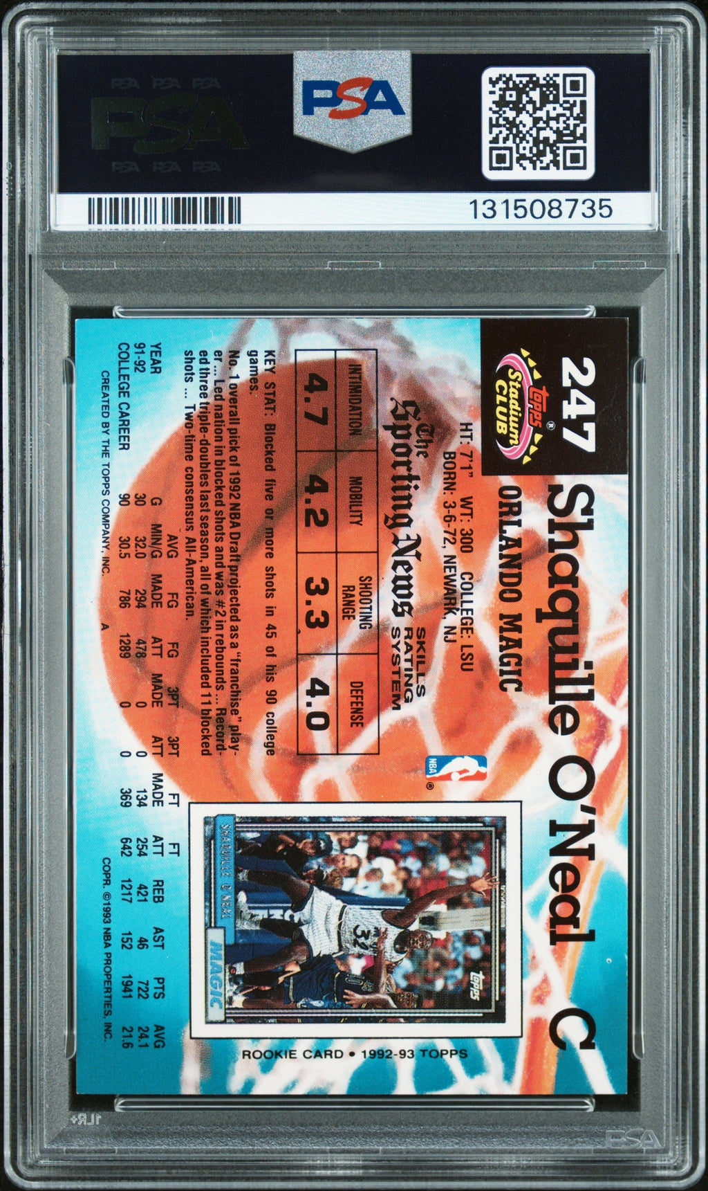Graded 1992-93 Stadium Club Shaquille O'Neal #247 Rookie RC Basketball Card PSA 7 Auto Grade Near Mint