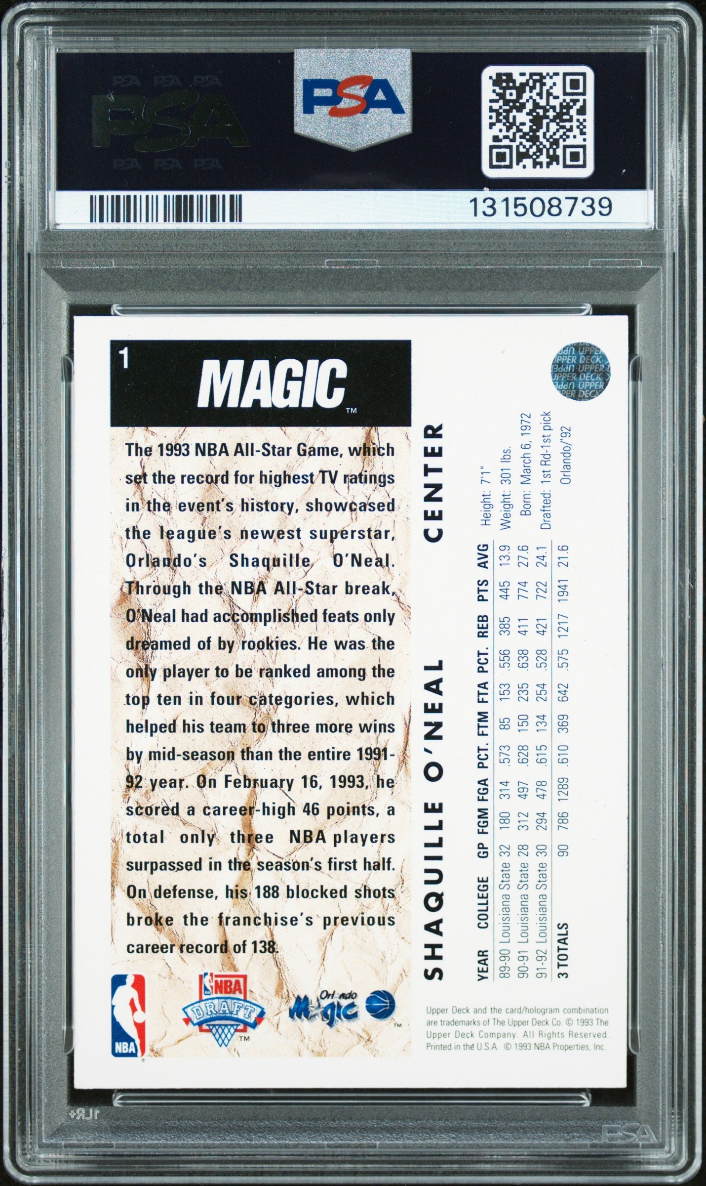 Graded 1992-93 Upper Deck Shaquille O'Neal #1 Rookie RC Basketball Card PSA 9 Auto Grade Mint