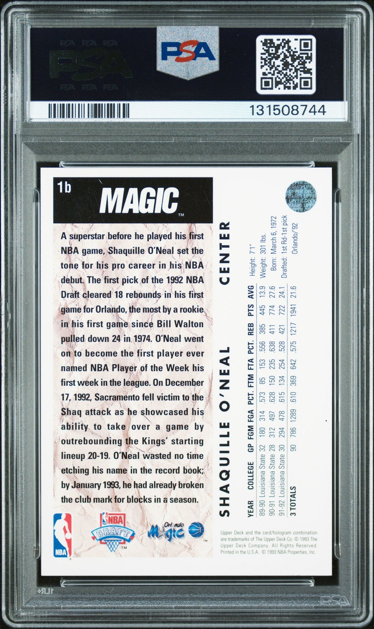 Graded 1992-93 Upper Deck Shaquille O'Neal #1b Rookie RC Basketball Card PSA 8 Auto Grade Near Mint