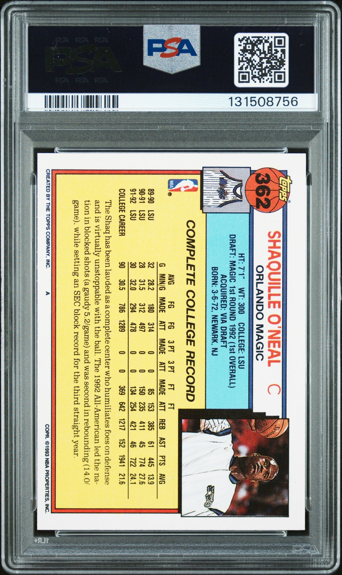 Graded 1992-93 Topps Shaquille O'Neal #362 Rookie RC Basketball Card PSA 9 Auto Grade Mint