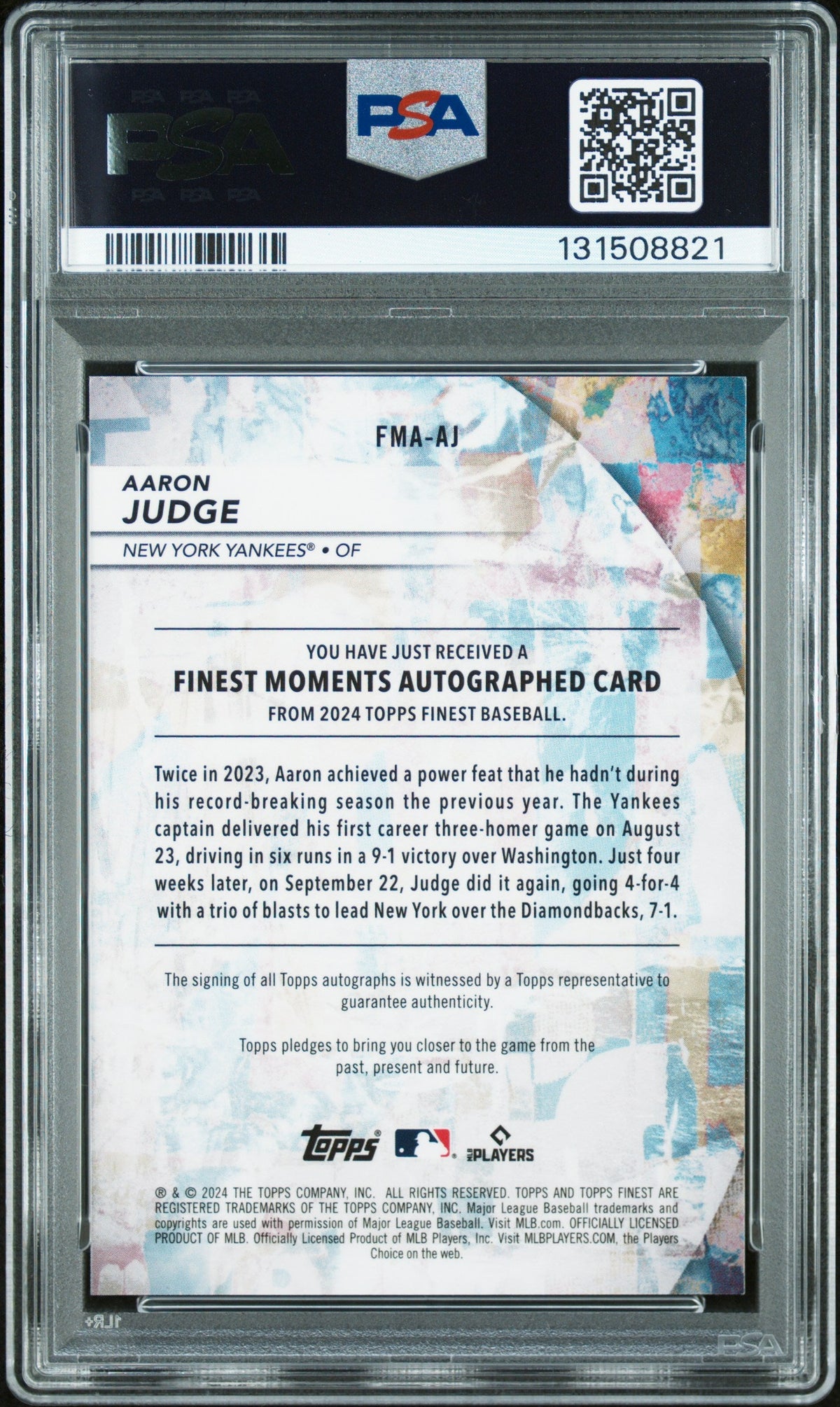Graded 2024 Topps Finest Aaron Judge #FMA-AJ Finest Moments Autographs Baseball Card PSA 10 Auto Grade Gem Mint
