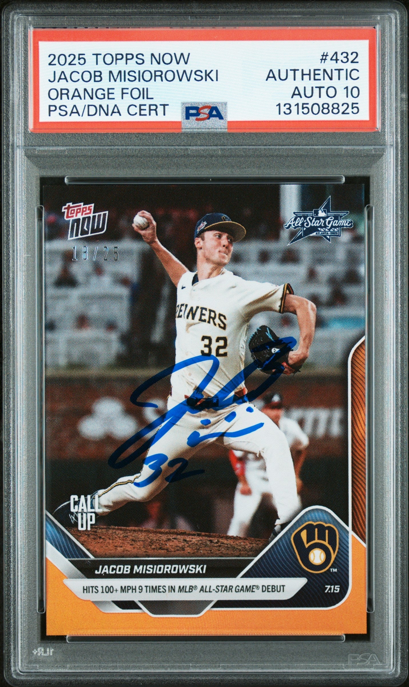 Graded 2025 Topps Now Jacob Misiorowski #432 Orange Foil /25 Rookie RC Baseball Card PSA 10 Auto Grade Gem Mint