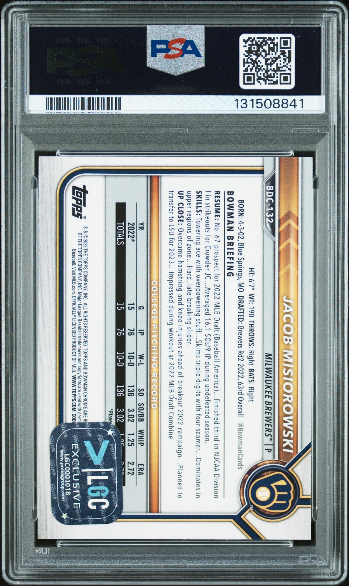 Graded 2022 Topps Bowman Draft Jacob Misiorowski #BDC-132 Chrome Rookie RC Baseball Card PSA 10 Auto Grade Gem Mint