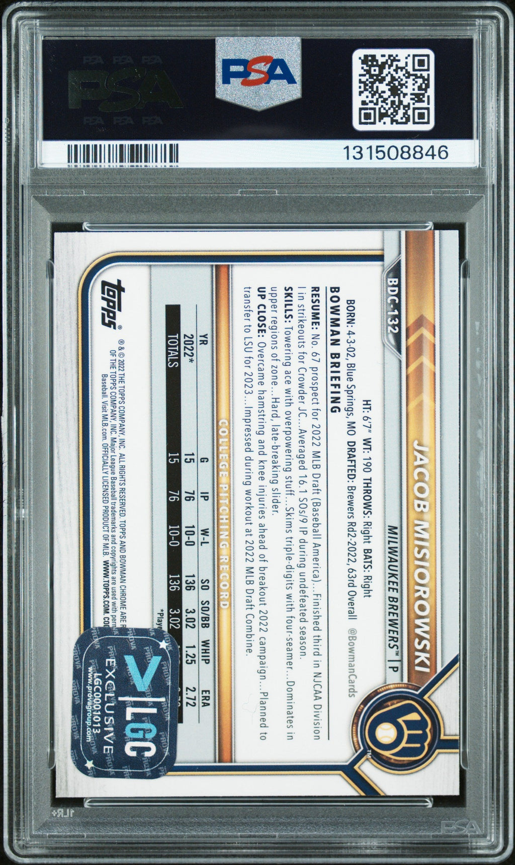 Graded 2022 Topps Bowman Draft Jacob Misiorowski #BDC-132 Chrome Rookie RC Baseball Card PSA 8 Auto Grade Near Mint