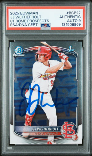 Graded 2025 Topps Bowman JJ Wetherholt #BCP-22 Chrome Prospects Rookie RC Baseball Card PSA 9 Auto Grade Mint