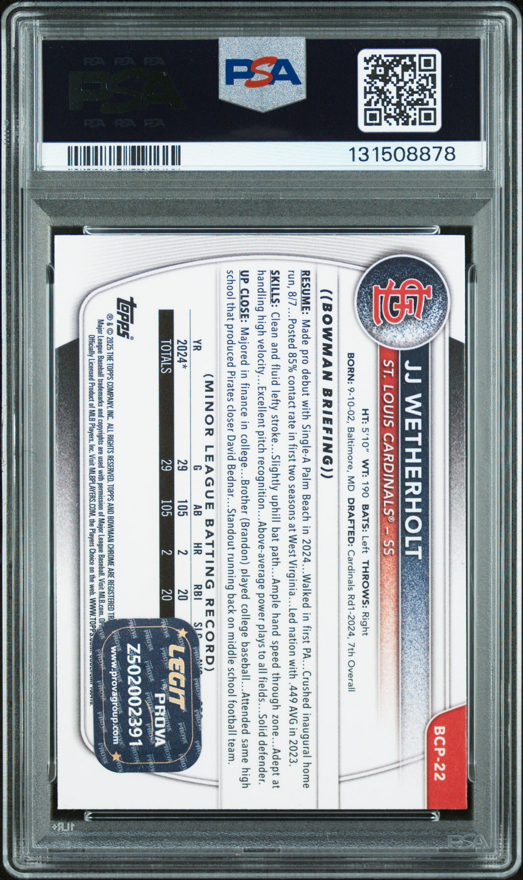 Graded 2025 Topps Bowman JJ Wetherholt #BCP-22 Chrome Prospects Rookie RC Baseball Card PSA 8 Auto Grade Near Mint