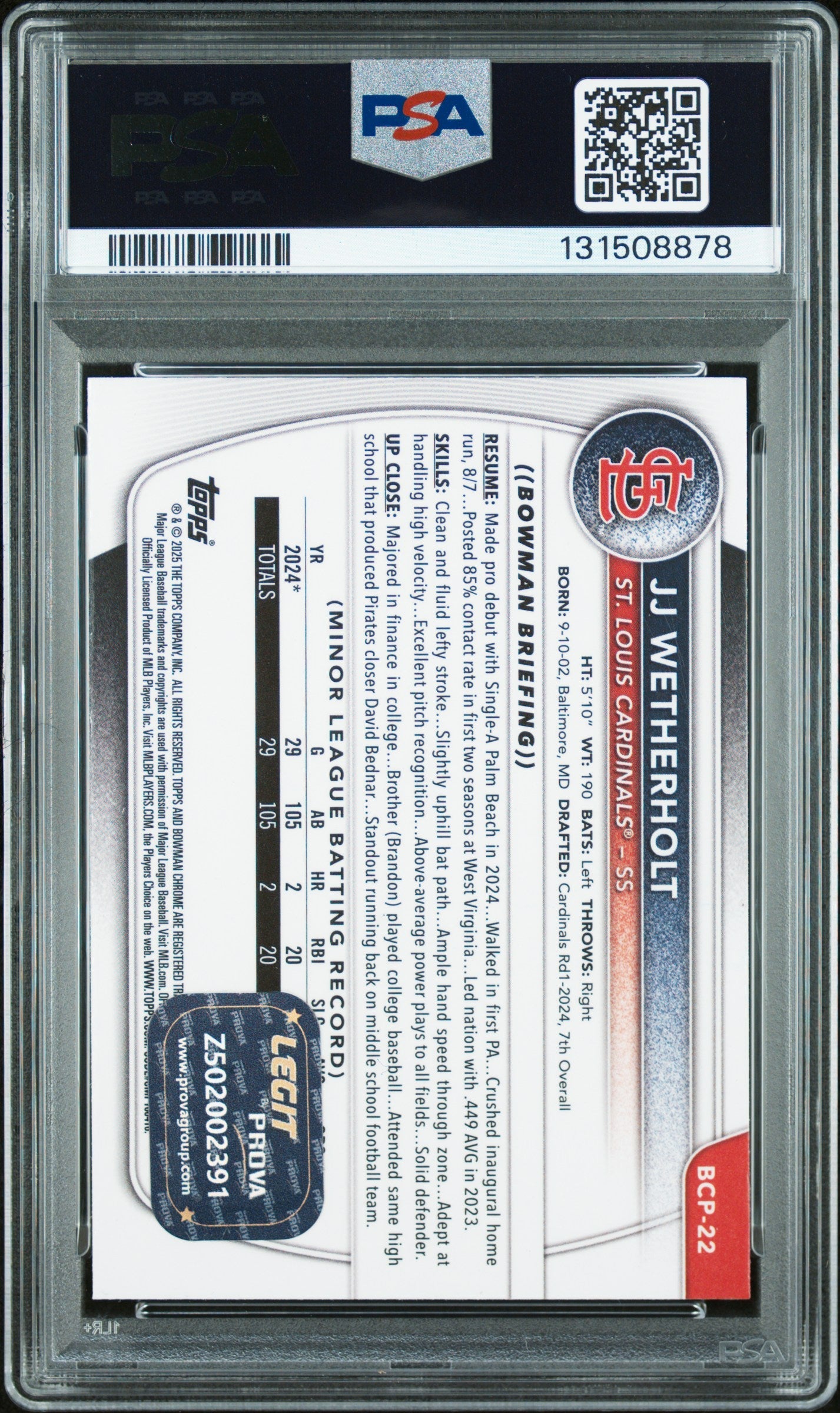 Graded 2025 Topps Bowman JJ Wetherholt #BCP-22 Chrome Prospects Rookie RC Baseball Card PSA 8 Auto Grade Near Mint