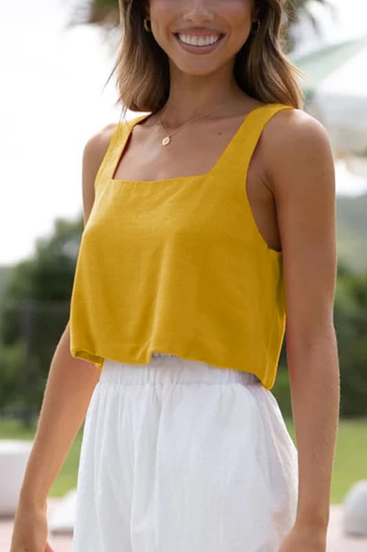Allimy Women's Square Neck Sleeveless Crop Tank Top Yellow Size M