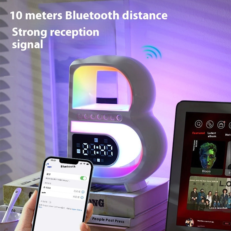 New B-Shaped Blutooth Speaker Multifunctional Smart Music Rhythm Lighting Phone Wireless Charger TF Card AUX Input Standard Mode