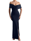 LAGSHIAN Women's Bodycon Off Shoulder Ruched Split Hem Dress Navy Size S