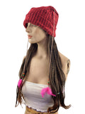 Women's Knit Beanie Cap with Attached Hair Mixed Braids with Beads and Feathers