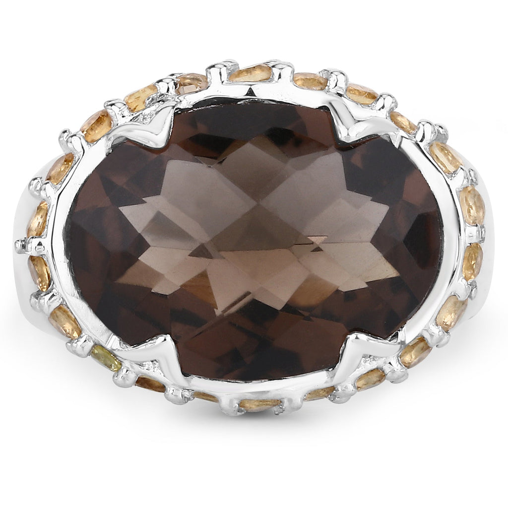 Two Tone Plated 9.58 Carat Genuine Smoky Quartz & Citrine .925 Sterling Silver Ring
