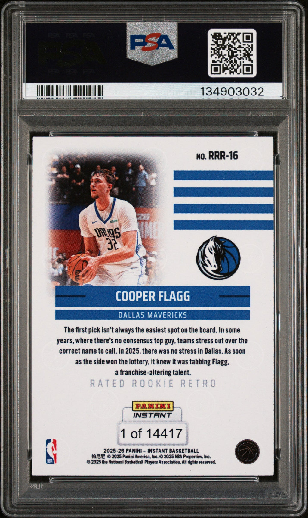 Graded 2025 Panini Instant Cooper Flagg #RRR16 Rated Rookie Retro Rookie RC Basketball Card PSA 9 Mint