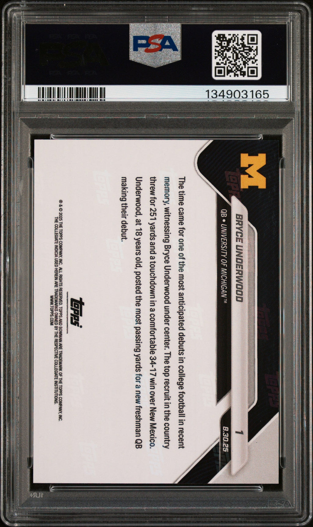 Graded 2025 Topps Bowman U Now Bryce Underwood #1 Orange Foil /25 Rookie RC Football Card PSA 10 Gem Mint