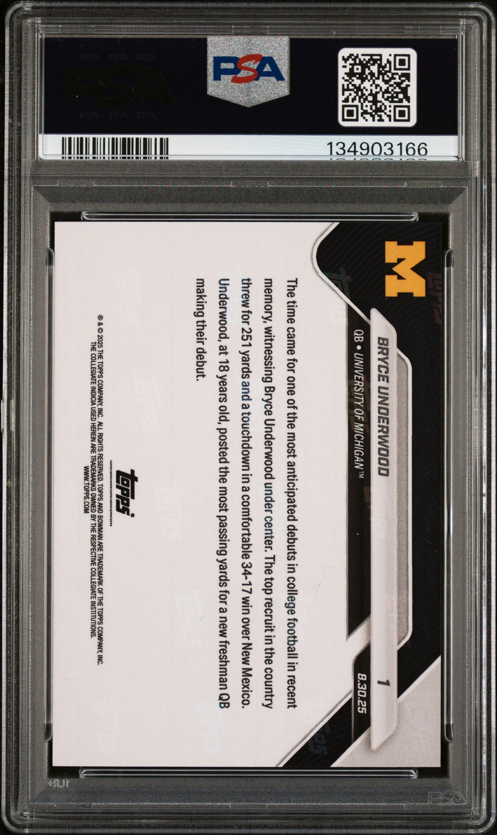 Graded 2025 Topps Bowman U Now Bryce Underwood #1 Gold Foil /50 Rookie RC Football Card PSA 10 Gem Mint
