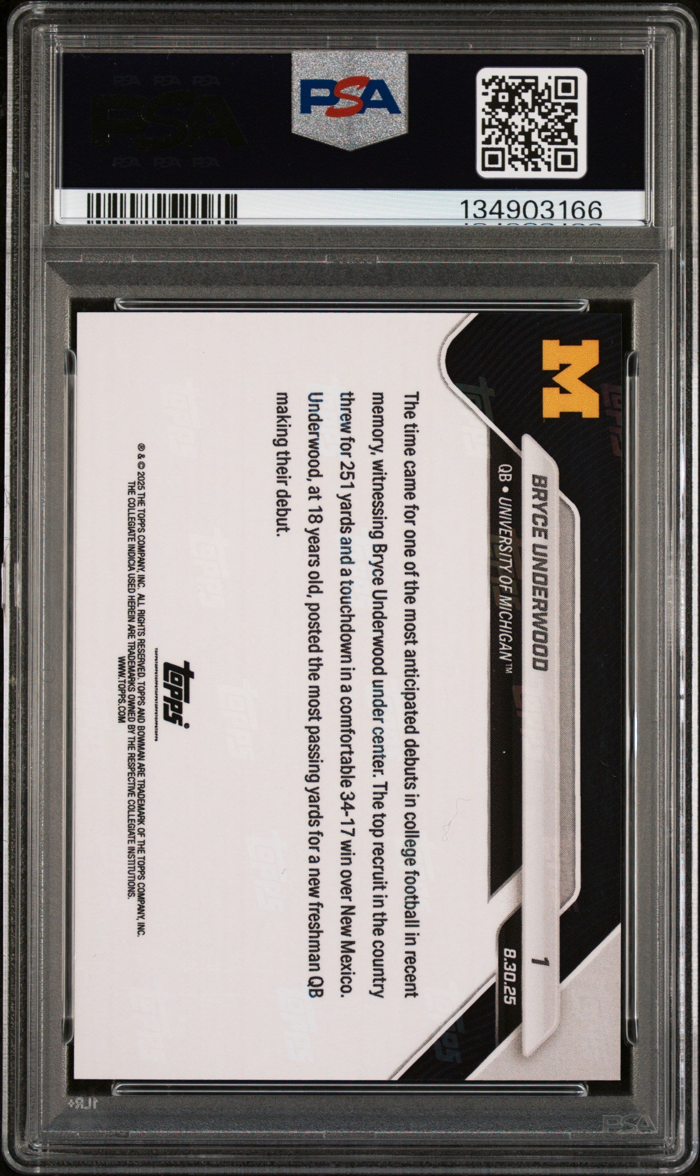Graded 2025 Topps Bowman U Now Bryce Underwood #1 Gold Foil /50 Rookie RC Football Card PSA 10 Gem Mint