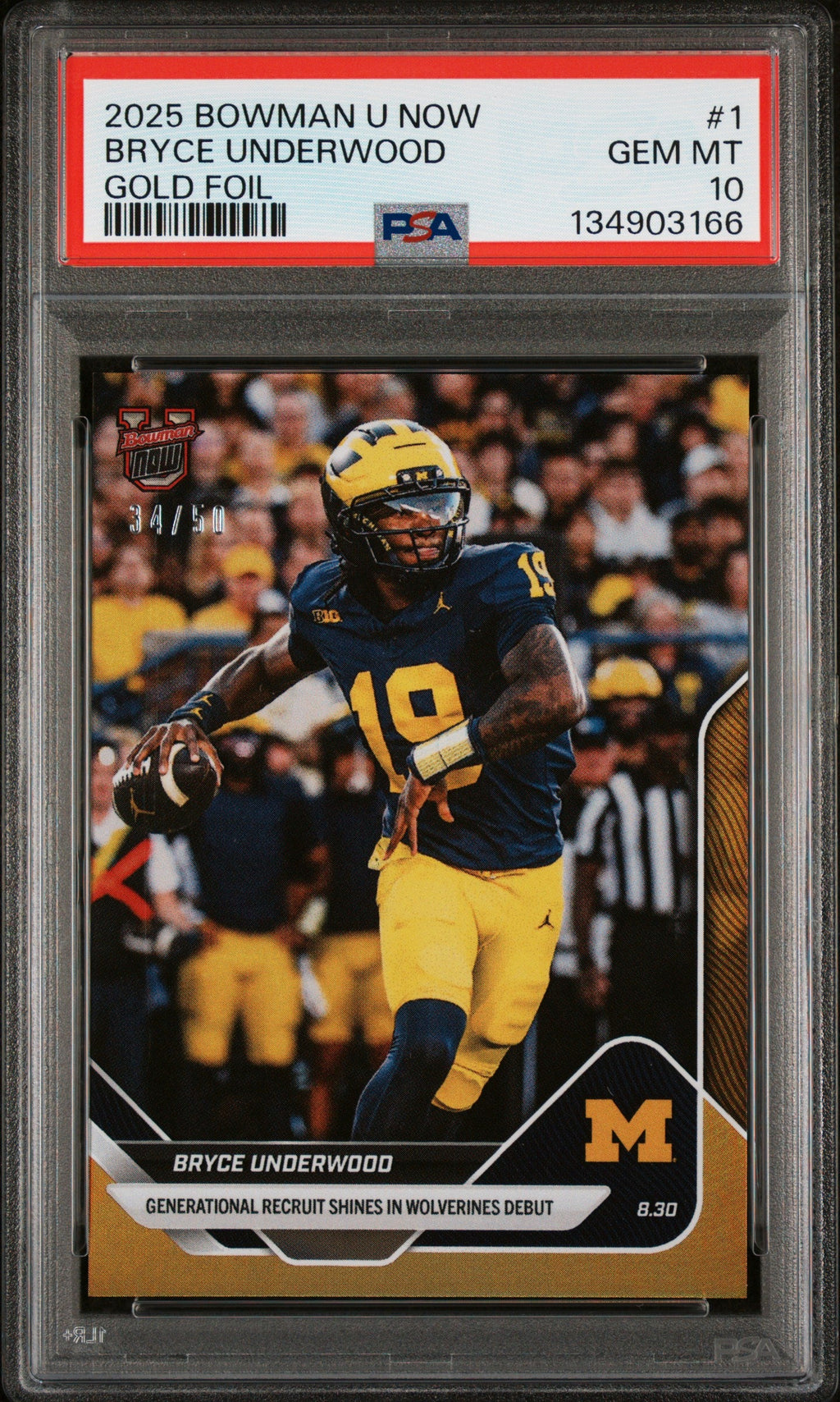Graded 2025 Topps Bowman U Now Bryce Underwood #1 Gold Foil /50 Rookie RC Football Card PSA 10 Gem Mint