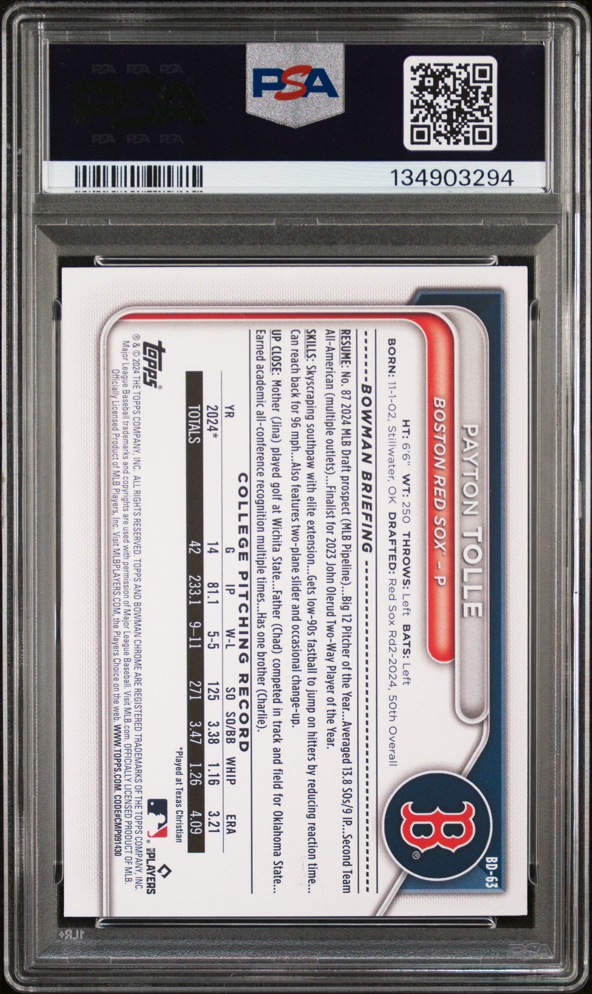 Graded 2024 Topps Bowman Draft Payton Tolle #BD63 Rookie RC Baseball Card PSA 10 Gem Mint