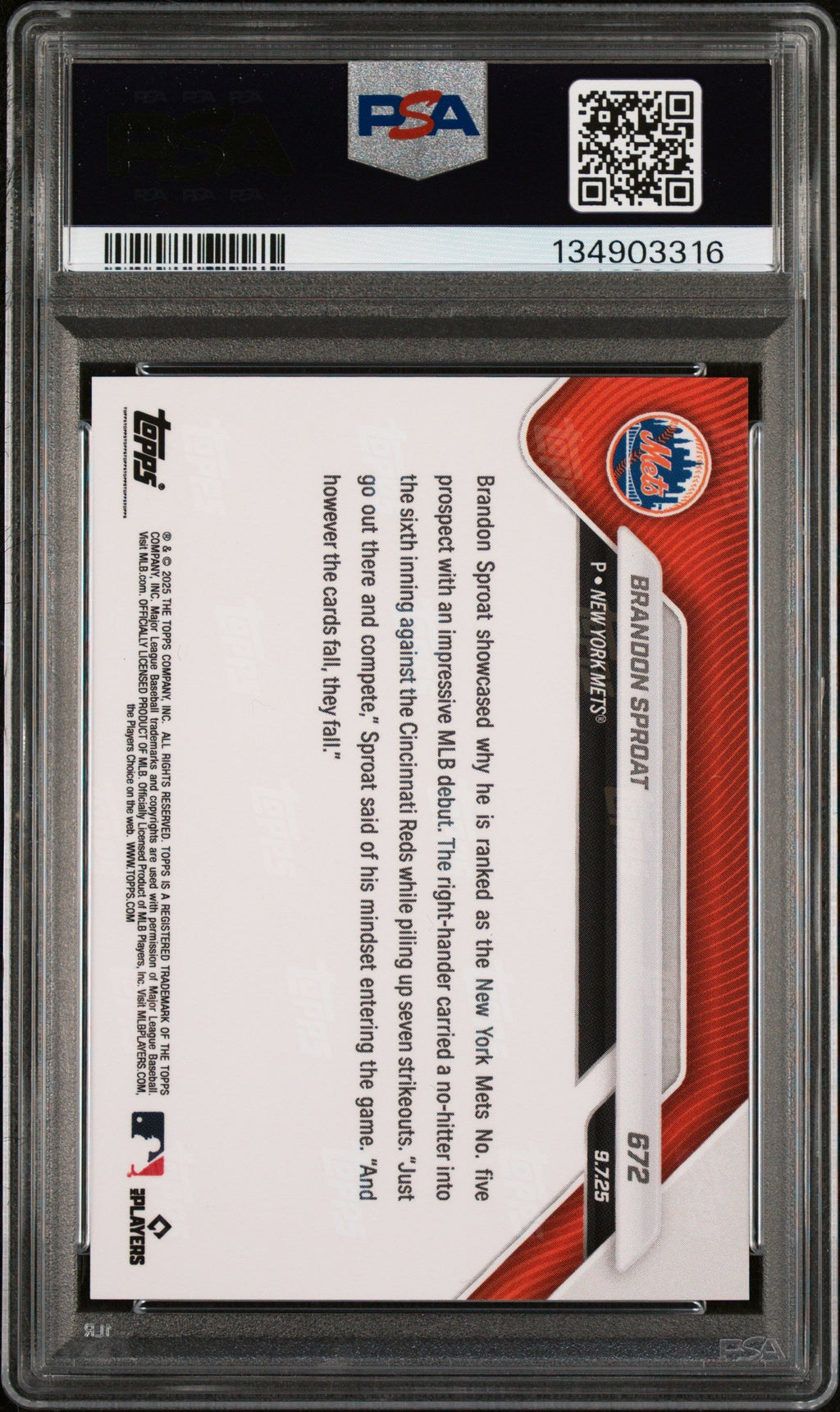 Graded 2025 Topps Now Brandon Sproat #672 Rookie RC Baseball Card PSA 10 Gem Mint