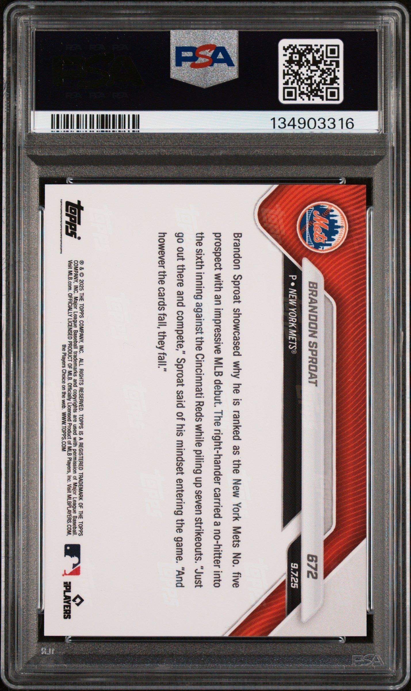 Graded 2025 Topps Now Brandon Sproat #672 Rookie RC Baseball Card PSA 10 Gem Mint