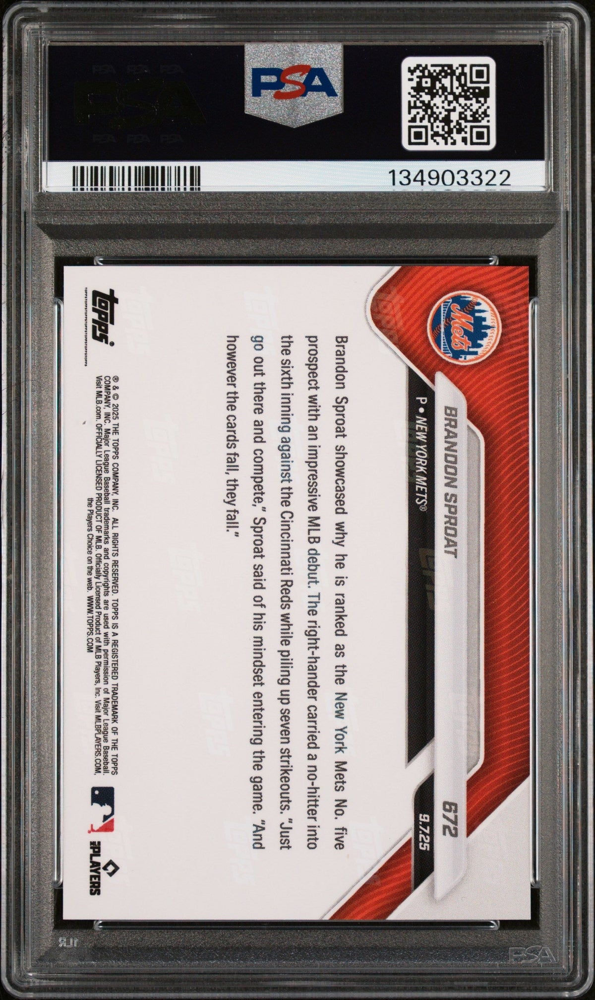 Graded 2025 Topps Now Brandon Sproat #672 Rookie RC Baseball Card PSA 9 Mint