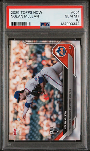 Graded 2025 Topps Now Nolan McLean #651 Rookie RC Baseball Card PSA 10 Gem Mint